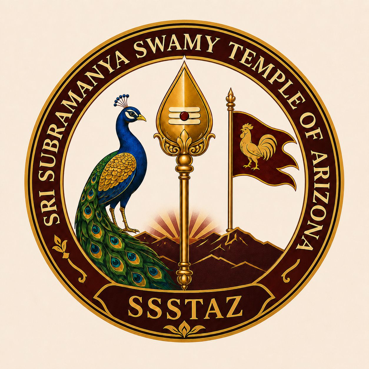 Official seal of Sri Subramanya Swamy Temple of Arizona: golden vel, peacock, and rooster flag