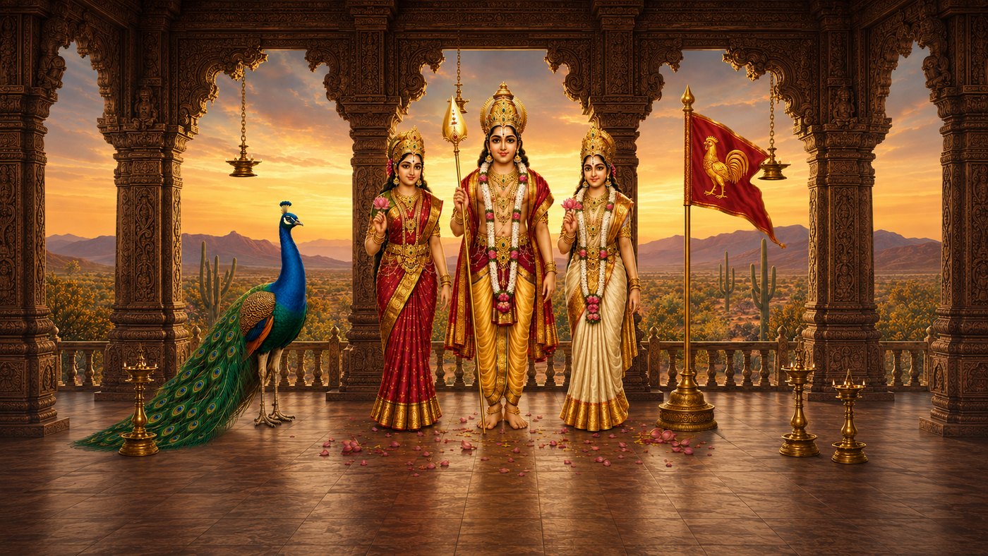 Devotional artwork of youthful Lord Murugan with Valli and Deivanai on a temple porch, a peacock at the left and the red Seval Kodi rooster banner at the right, with the Arizona desert beyond
